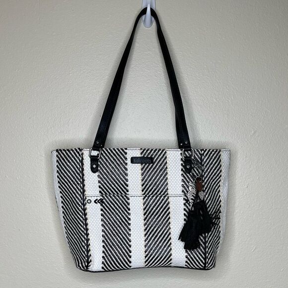 Sakroots Metro Woven Top Zip Tote Shoulder Bag Black White Owl Critter Keychain - Picture 13 of 14